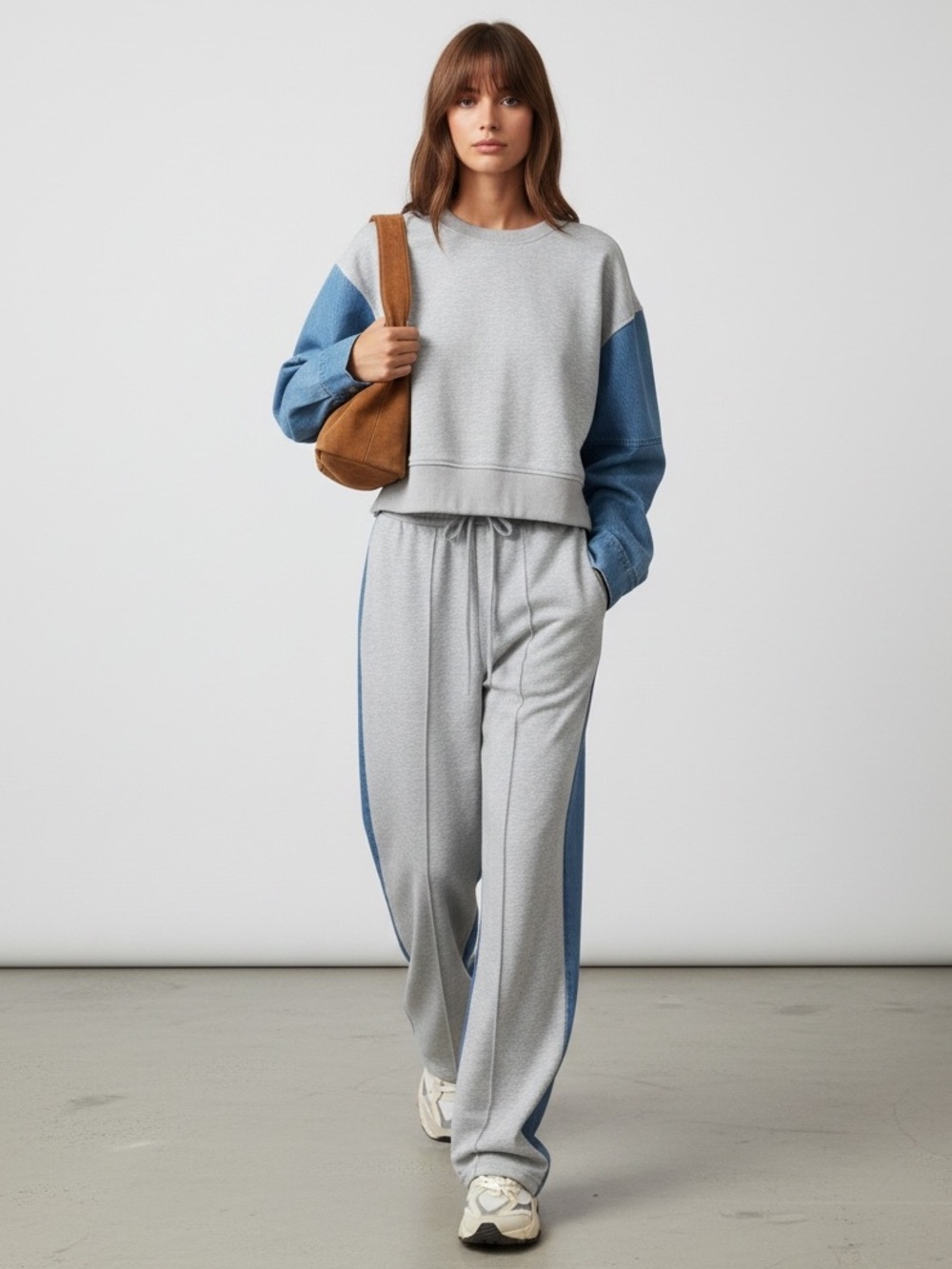 1595 • Denim & Cotton Blend French Terry Mixed Media Sweat Suit Pant Set